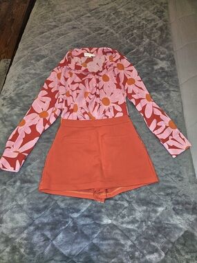 Worn Once - High-Rise Coral Orange Skort (Sm) & Floral Button Up Blouse (Med)